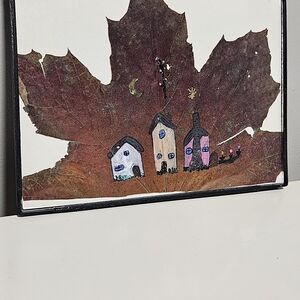 Framed Rustic Leaf Art with Village Scene